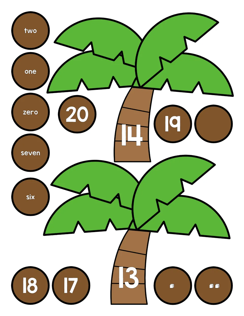 Cut-out trees numbered 14 and 13; coconuts show words two, one, zero, seven, six, numerals 20 to 17 and one or two cubes