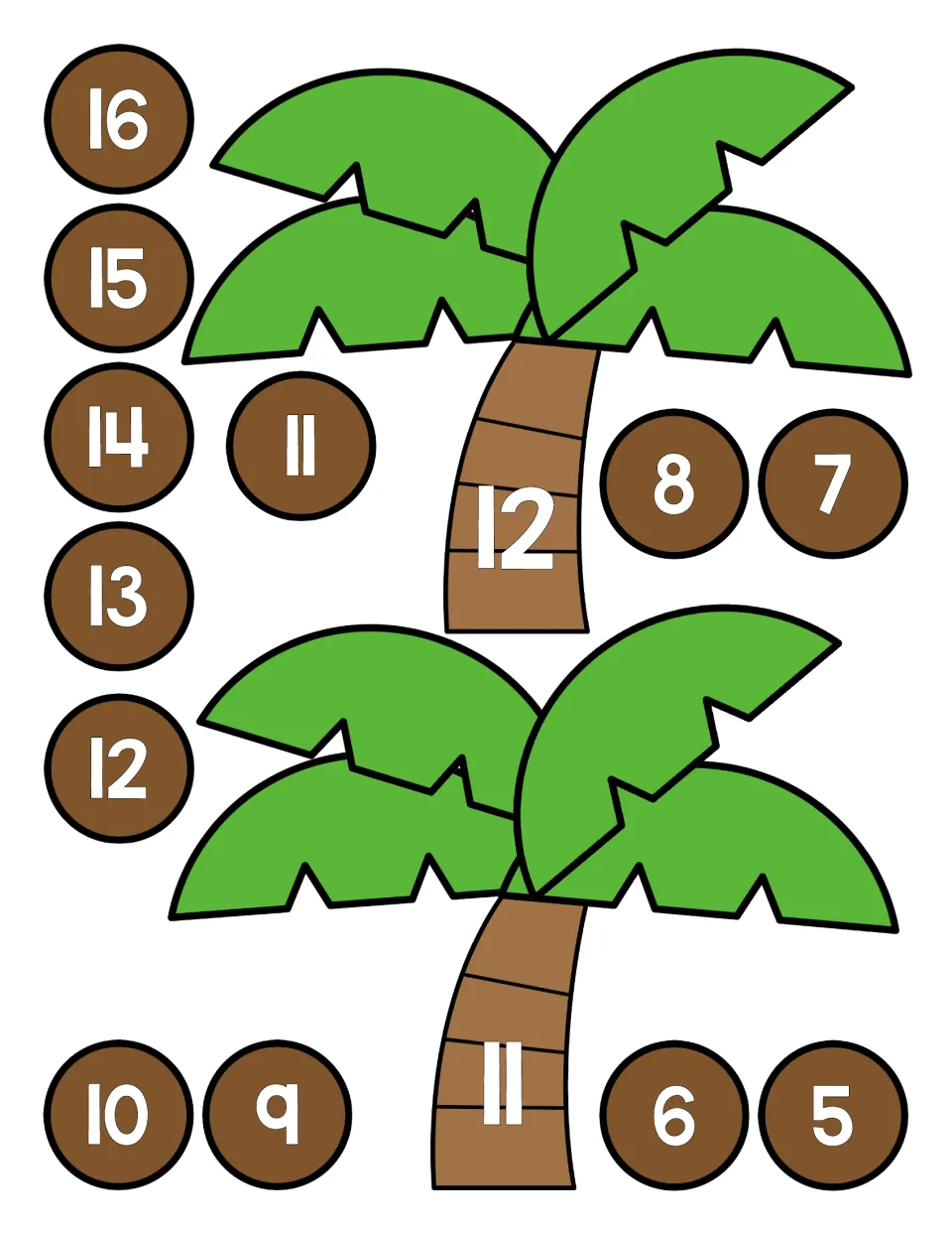 Numeral coconut cut-out pieces from 16 down to 5 beside palm trees numbered 12 and 11 for matching numerals to trees