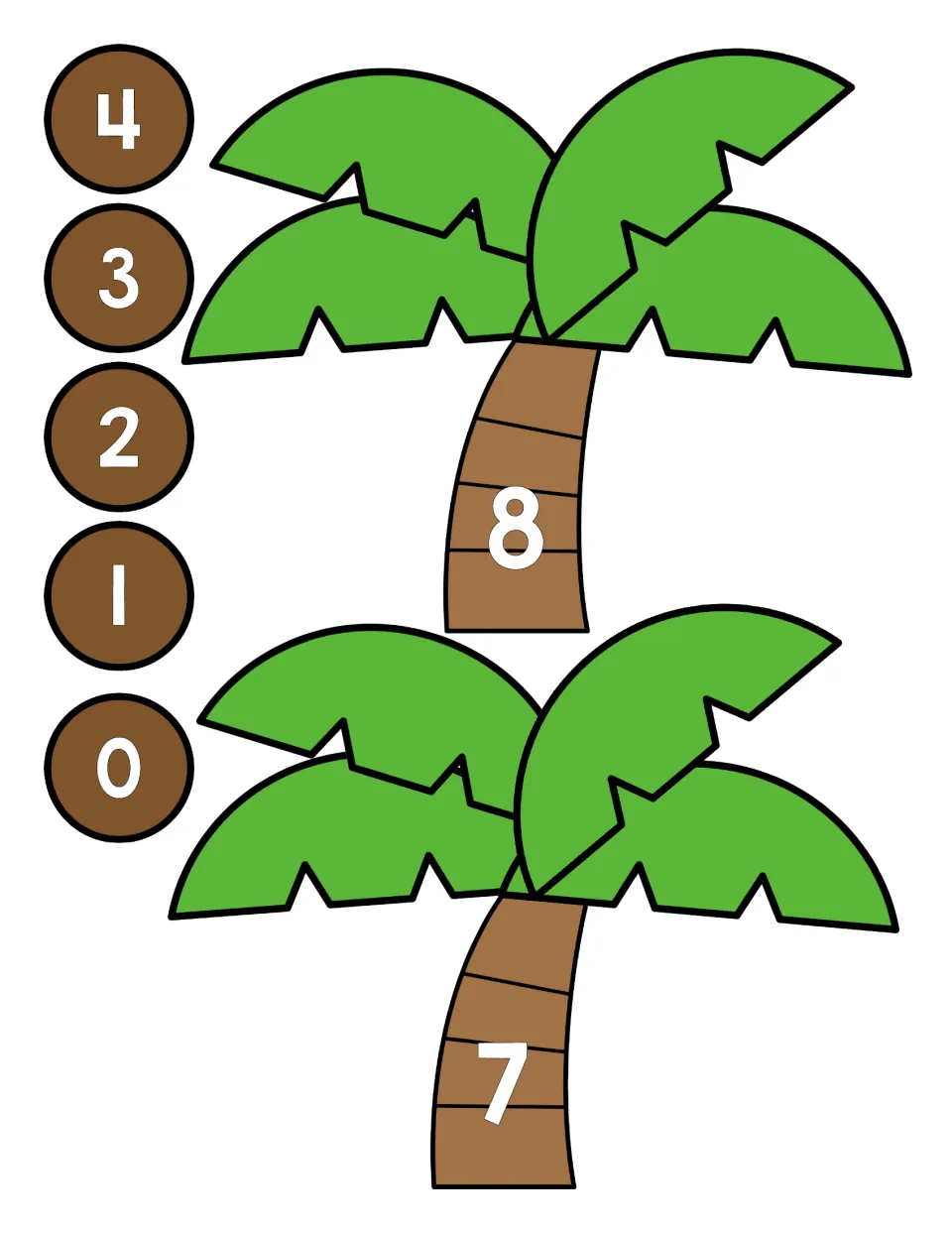 Cut-out palm trees numbered 8 and 7 alongside numeral coconuts 4, 3, 2, 1 and 0 for matching numbers to trees