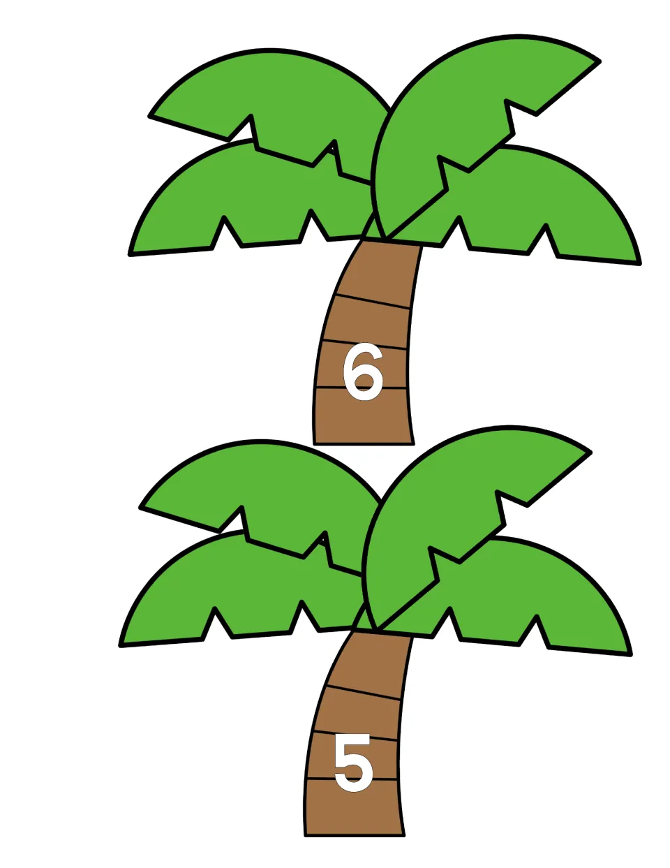 Two palm tree cut-outs numbered 6 and 5 on their trunks, ready to pair with matching word, numeral and cube coconuts