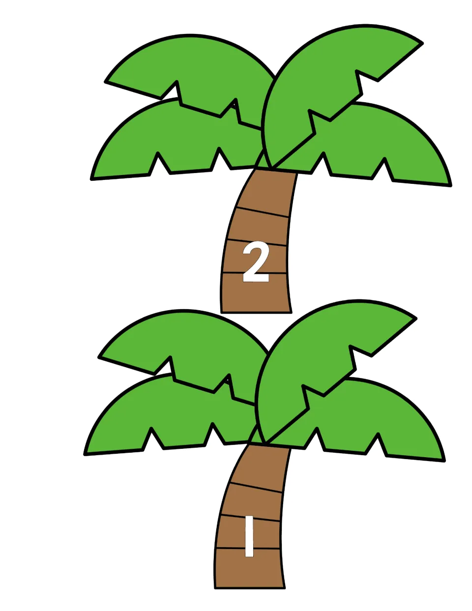 Palm tree cut-outs labeled 2 and 1 on the trunks, serving as matching mats for counting and naming one and two
