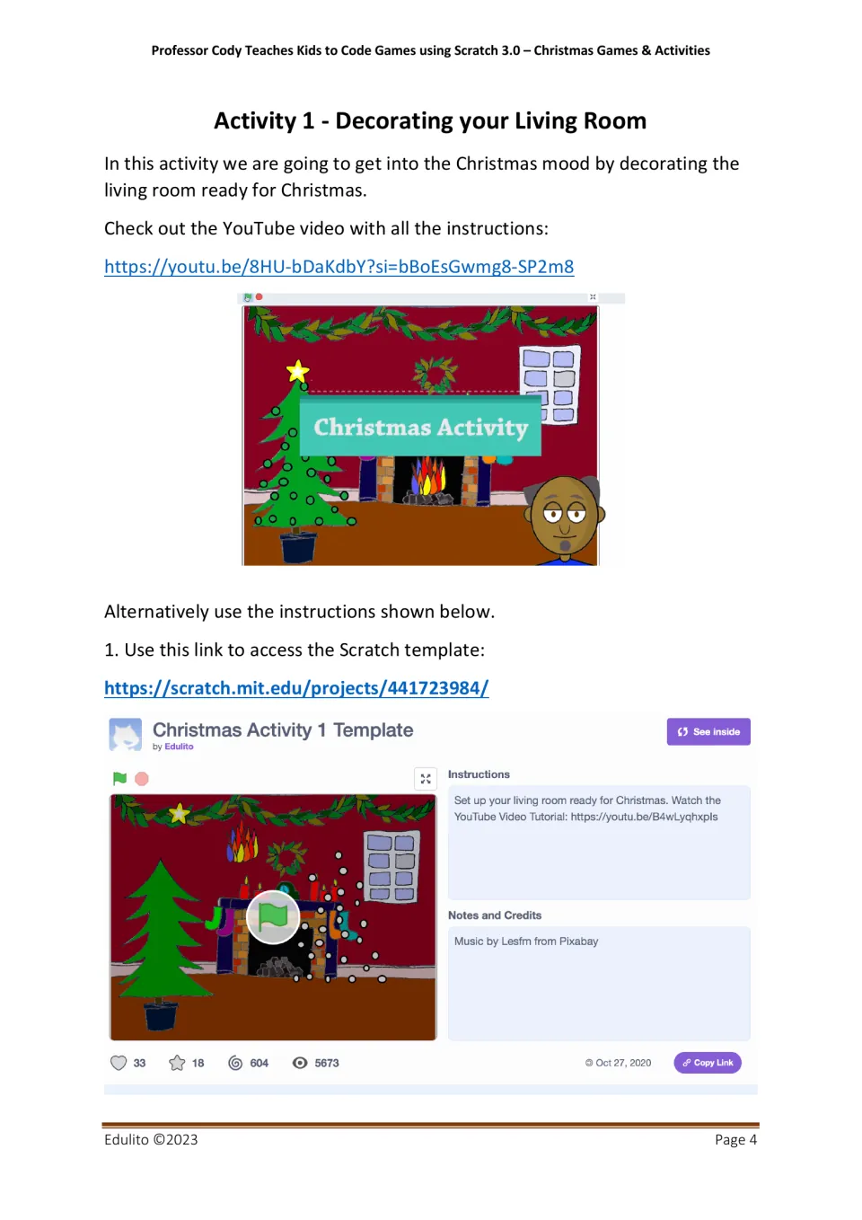 Activity 1, Decorating your Living Room: students open a Scratch template or YouTube tutorial showing a Christmas scene