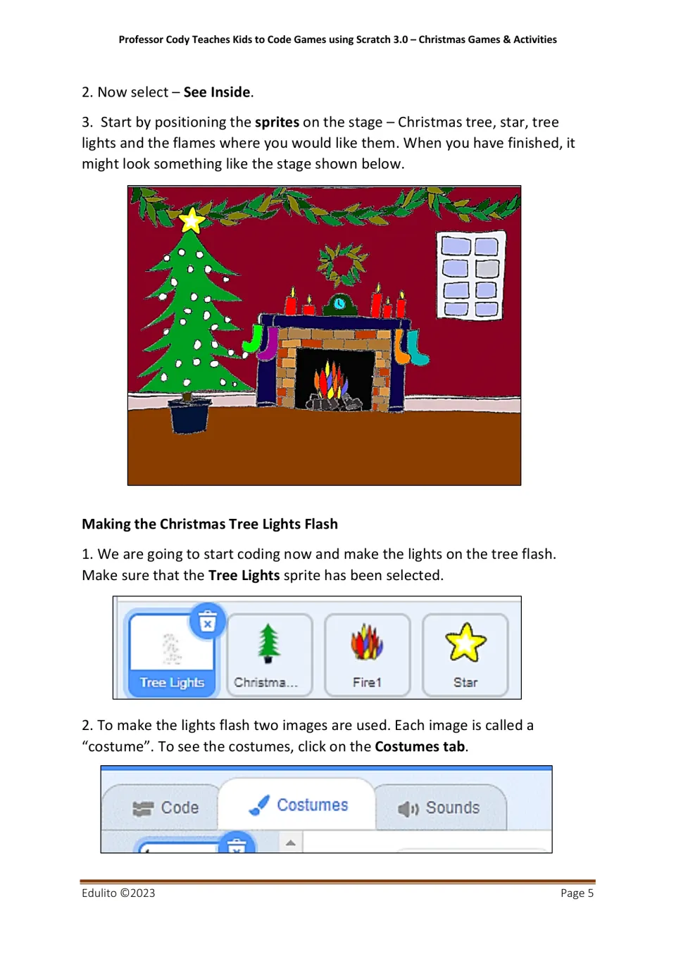 Making the Christmas tree lights flash: students position sprites on the stage, select Tree Lights and open Costumes tab