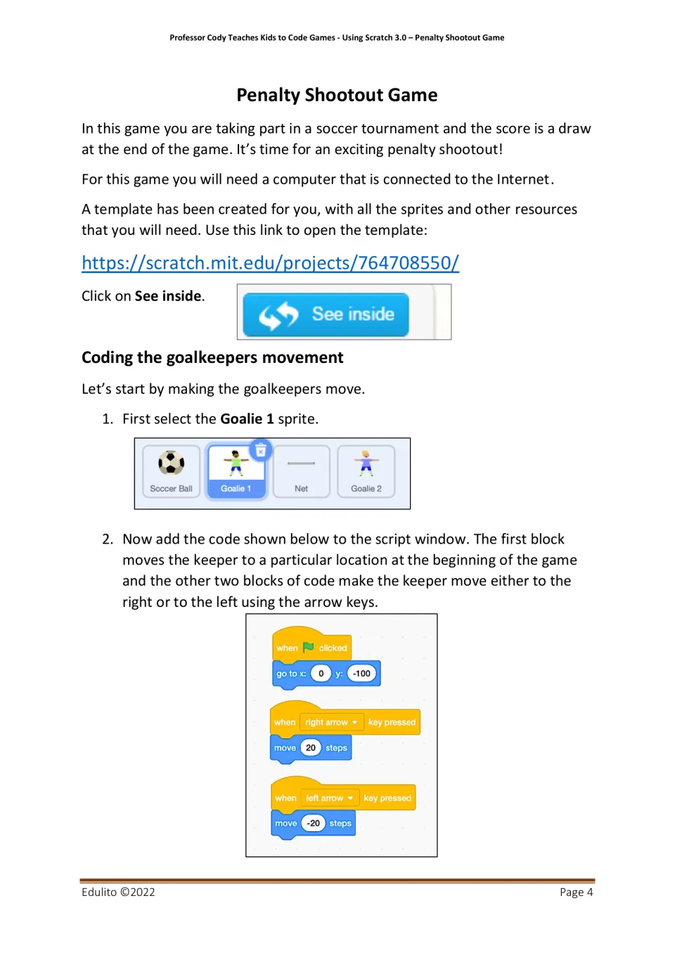 Scratch setup and goalkeeper movement: students open the template, select Goalie 1 and code arrow keys to move it 20 steps