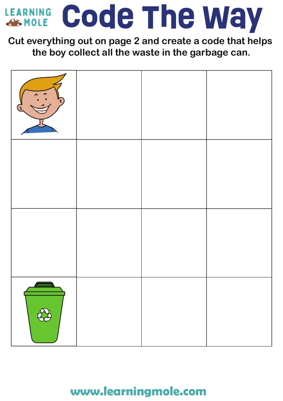 Code The Way board: students sequence arrow cards so a boy collects waste pieces on his path to the recycling bin