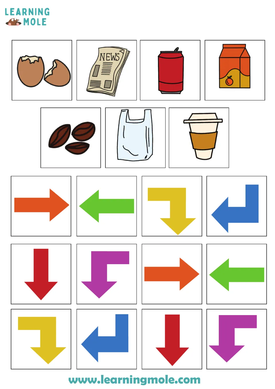 Cut-out cards: seven waste items such as eggshells, newspaper, a soda can and coffee cup, plus 16 colored direction arrows