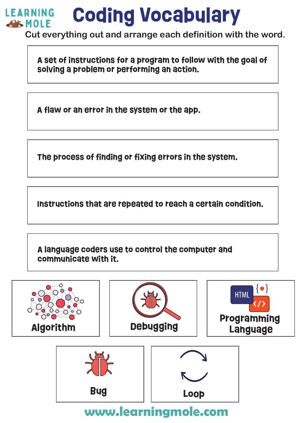 Coding vocabulary matching activity: algorithm, bug, debugging, loop, and programming language with definitions
