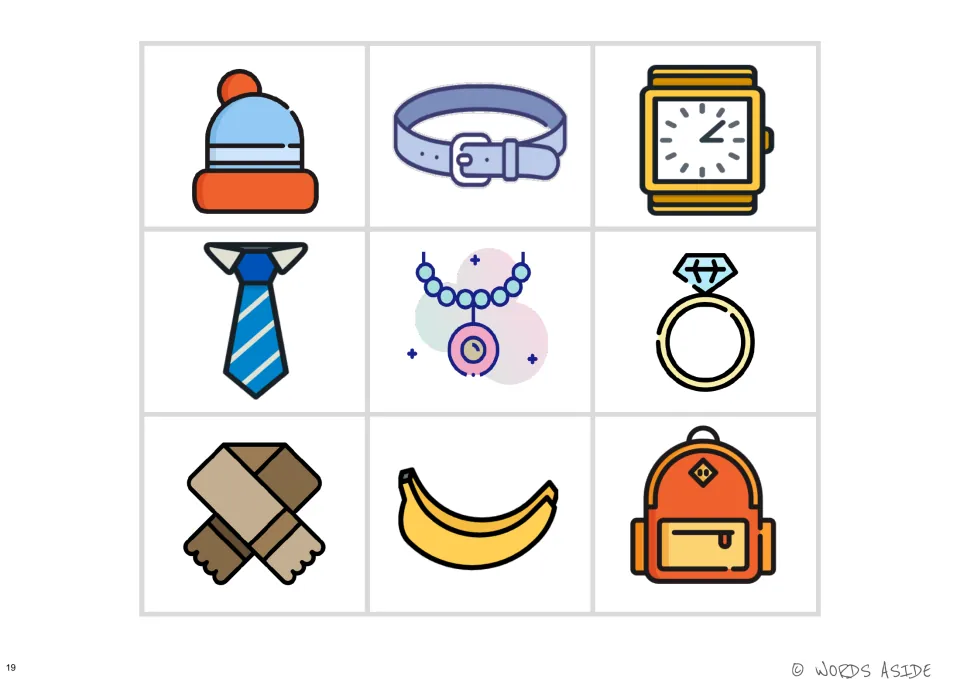 Color visual perception board showing a hat, belt, watch, tie, necklace, ring, scarf, banana, and backpack
