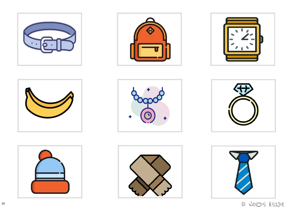 Nine color matching cards showing a belt, backpack, watch, banana, necklace, ring, hat, scarf, and tie