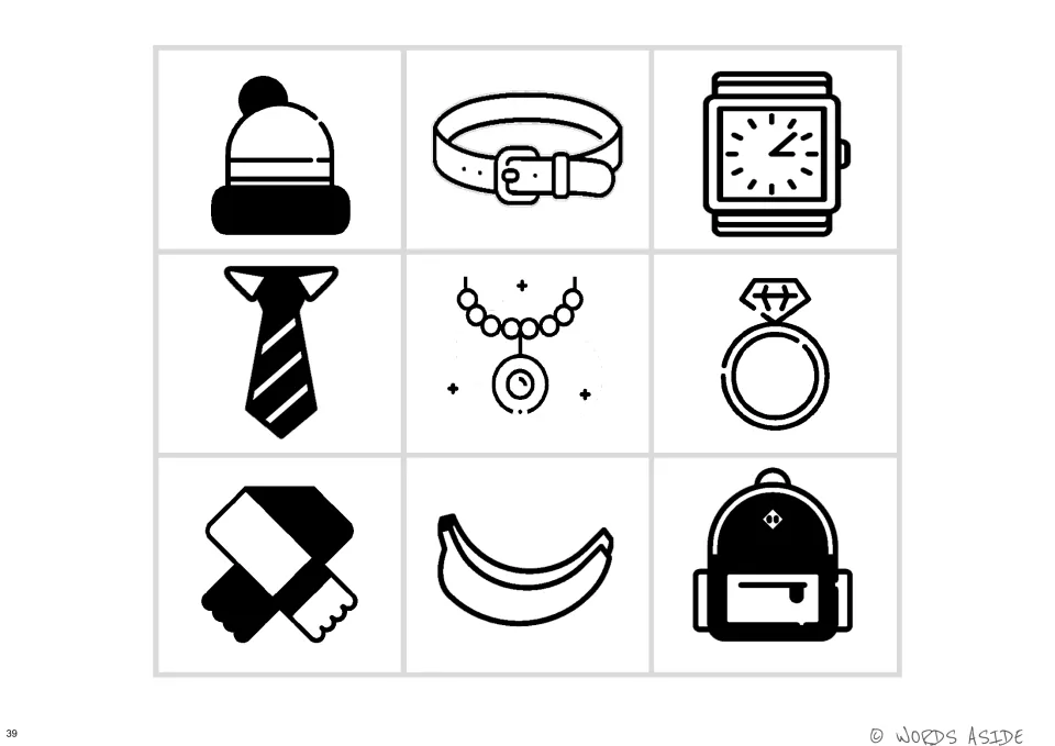 Black-and-white visual perception board showing a hat, belt, watch, tie, necklace, and four more items