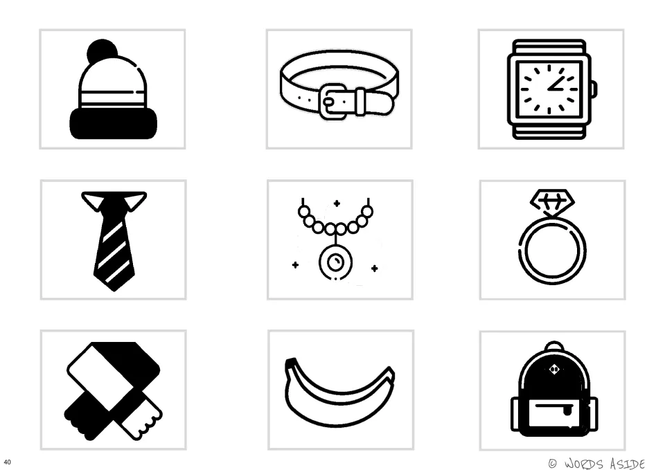Nine black-and-white matching cards showing a hat, belt, watch, tie, necklace, and four more items