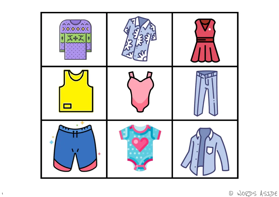 Full-color clothing reference board showing nine items, including a sweater, dress, swimsuit, and pants