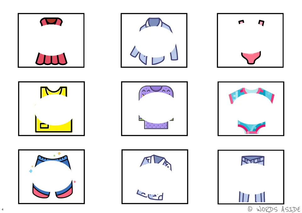 Color clothing perception cards showing nine items with centers hidden, including a dress and sweater