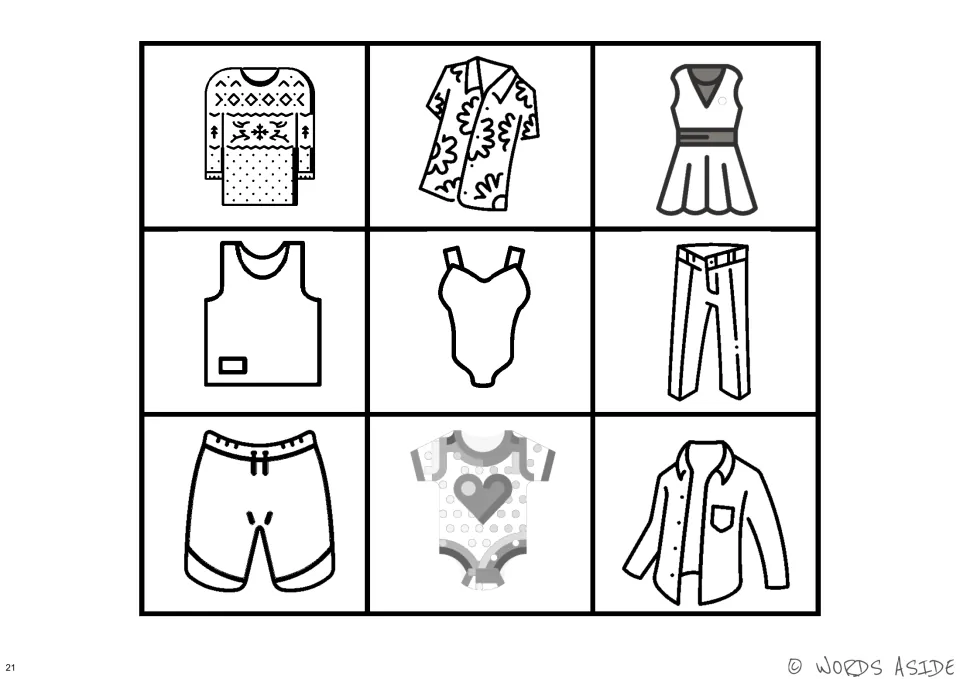 Black-and-white clothing reference board showing nine complete items, including shorts and a swimsuit