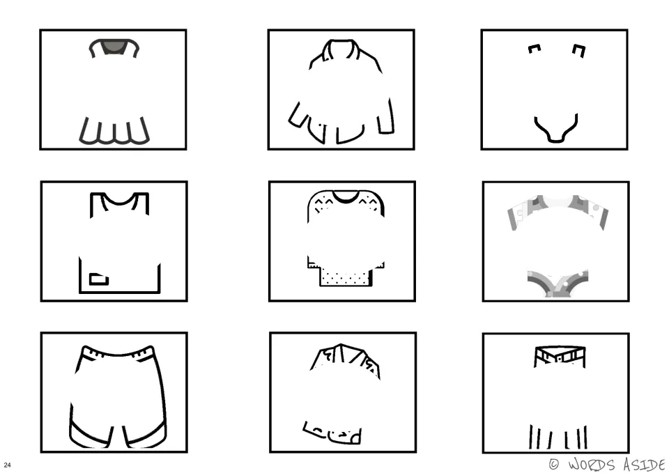Black-and-white clothing perception cards showing nine items with centers hidden, including pants