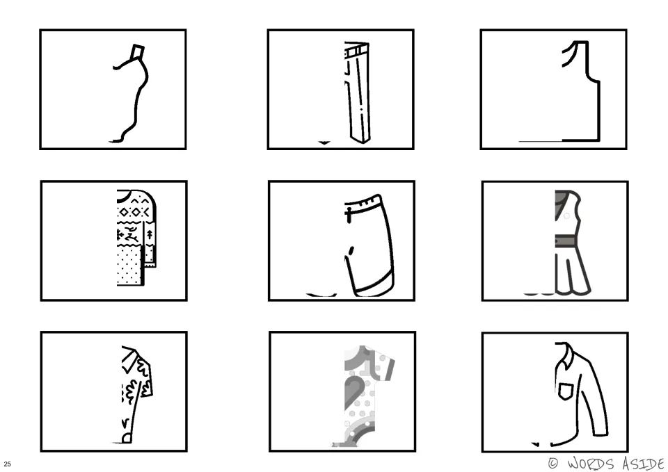 Black-and-white clothing perception cards showing mostly right halves of nine items, including a dress