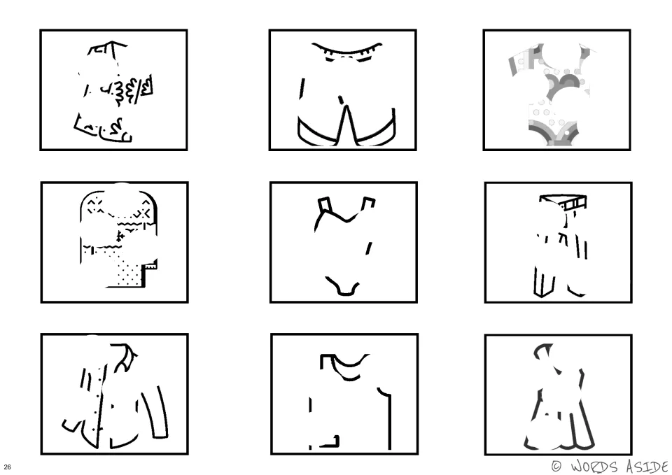 Black-and-white clothing perception cards showing nine items with scattered gaps, including shorts