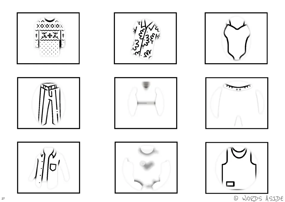 Black-and-white clothing perception cards showing nine items with faded portions, including a sweater