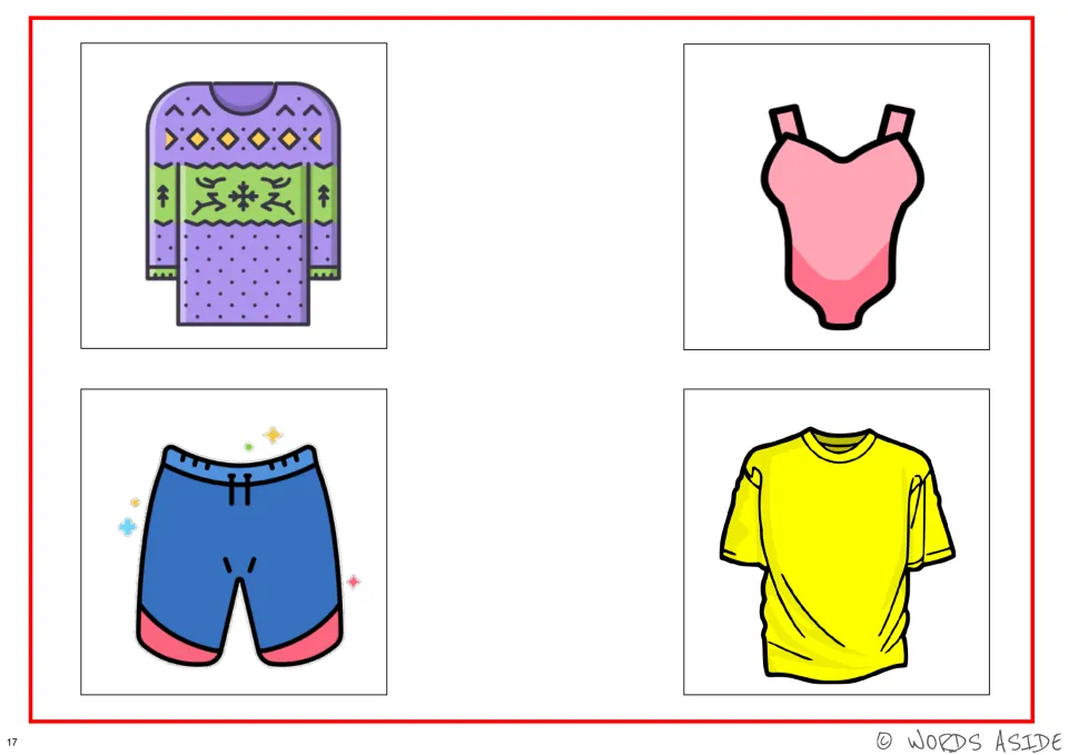 Color clothing cards for cognitive perceptual activities: sweater, swimsuit, shorts and T-shirt