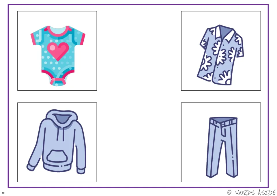 Color clothing cards for cognitive perceptual activities: baby bodysuit, patterned shirt, hoodie and pants