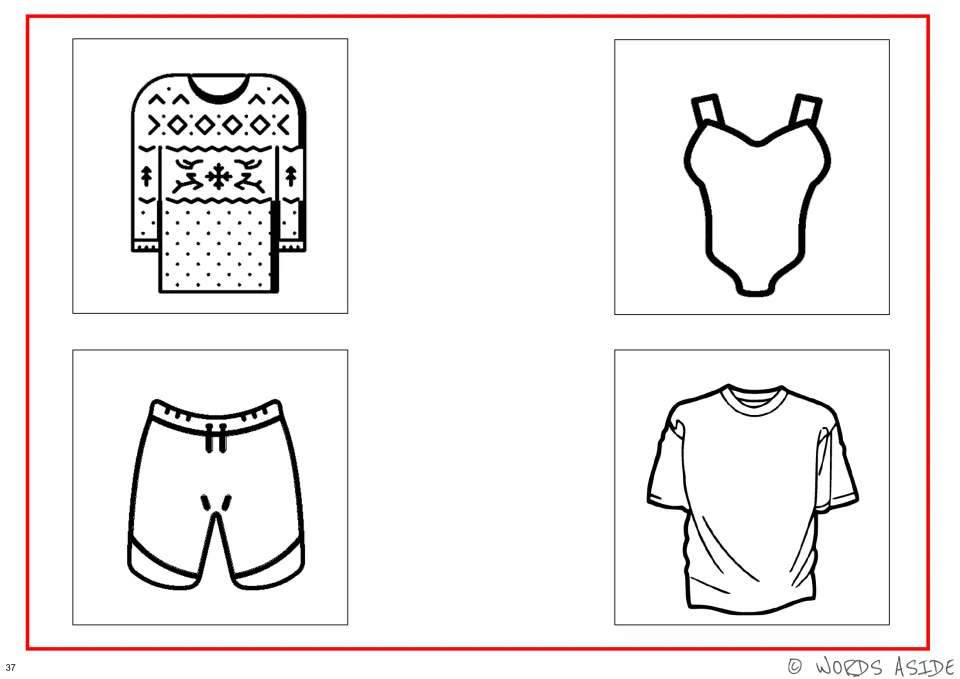 Black-and-white clothing cards for cognitive perceptual activities: sweater, swimsuit, shorts and T-shirt