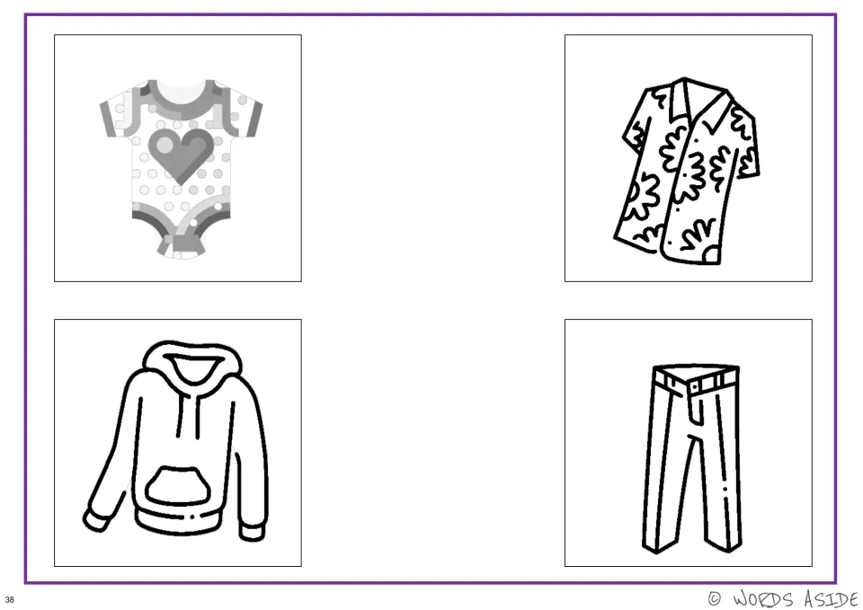 Black-and-white clothing cards: baby bodysuit, patterned shirt, hoodie and pants for perceptual activities
