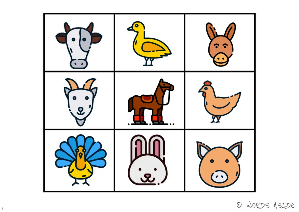 Color farm animal perception board: cow, duck, donkey, goat, horse, hen, peacock, rabbit, and pig