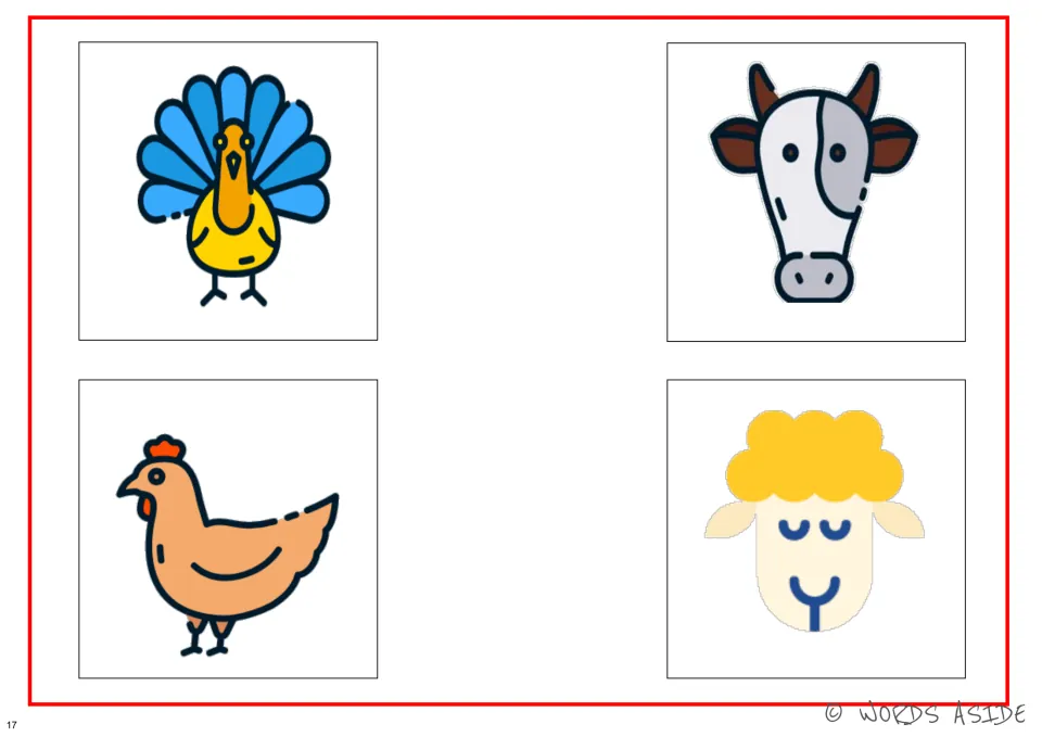 Color four-animal perception board featuring a peacock, cow, hen, and sheep for visual skill practice