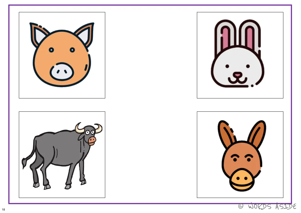 Color four-animal perception board featuring a pig, rabbit, bull, and donkey for visual skill practice