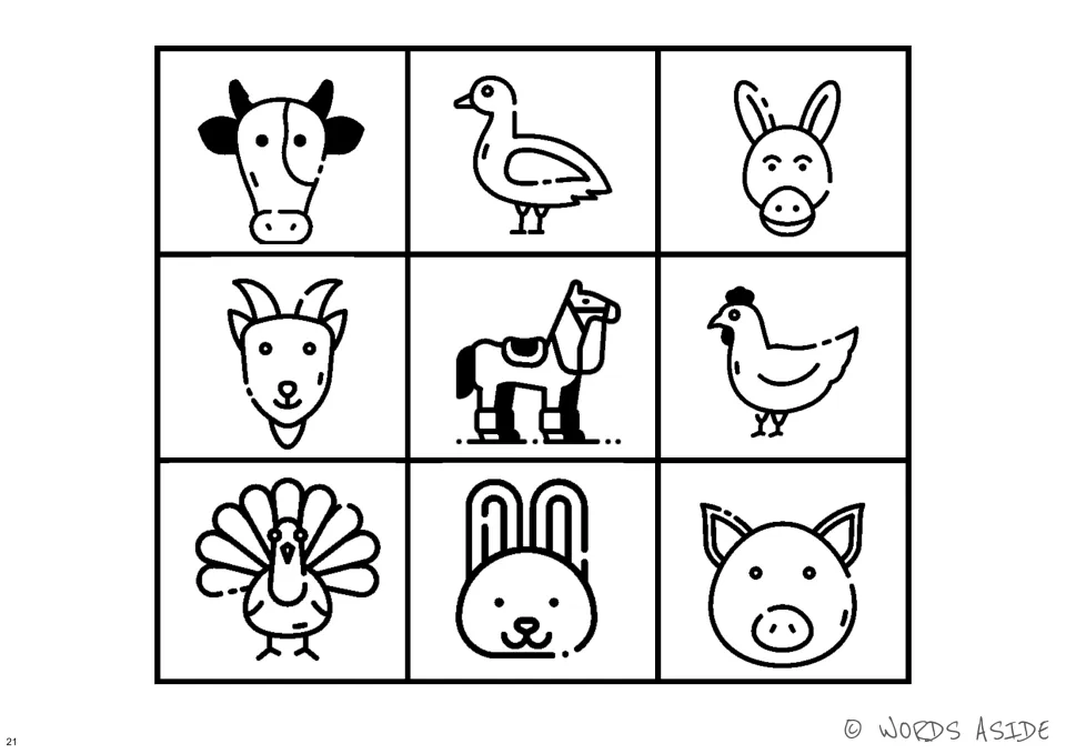 Black-and-white farm animal perception board: cow, duck, donkey, goat, horse, hen, peacock, rabbit, and pig