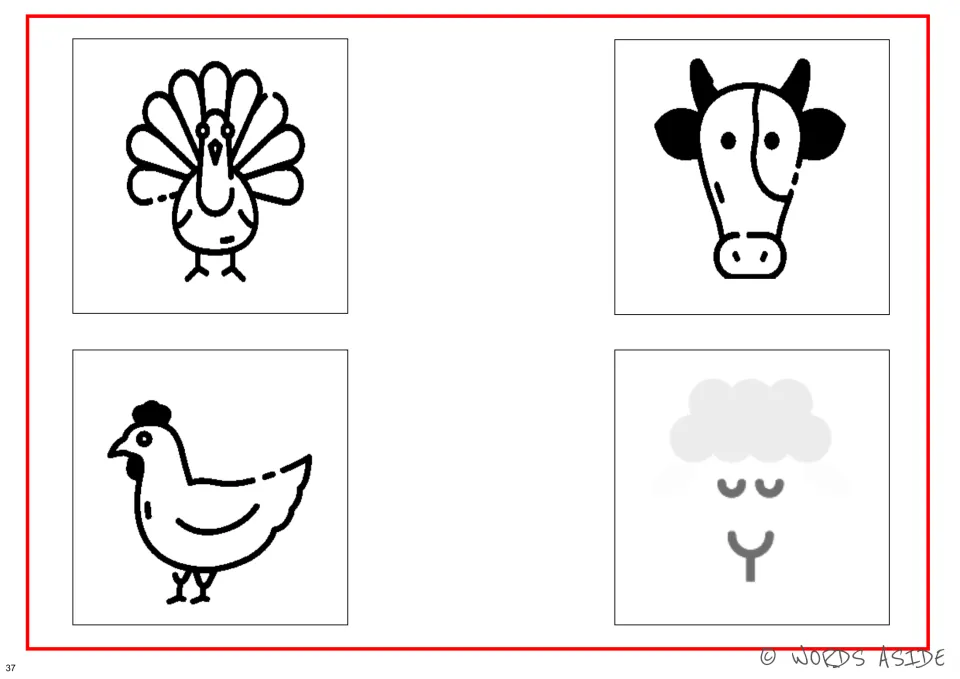 Black-and-white four-animal perception board featuring a peacock, cow, hen, and sheep for visual practice