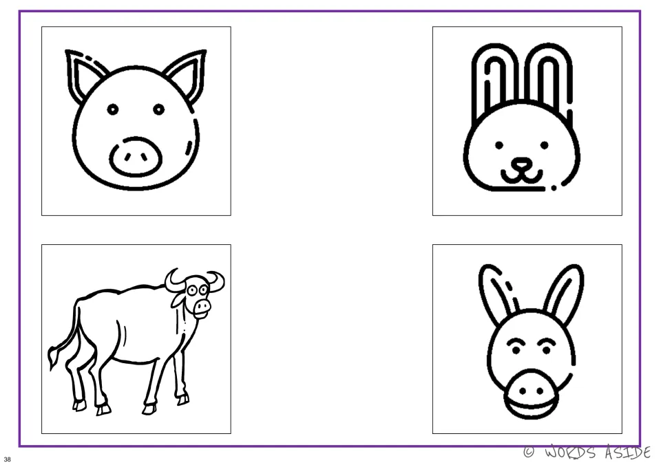 Black-and-white four-animal perception board featuring a pig, rabbit, bull, and donkey for visual practice