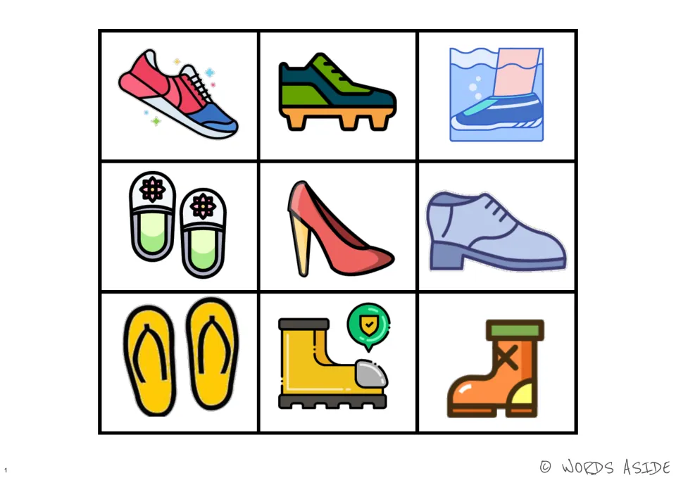 Color footwear cognition board showing nine shoe types, including sneakers, cleats, slippers, and boots