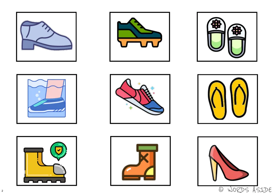 Nine color footwear cards matching the cognition board, including a dress shoe, cleat, and slippers