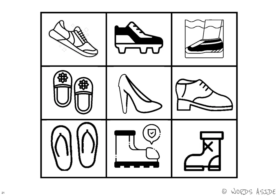 Black-and-white footwear cognition board showing nine shoe types, including a high heel and flip-flops