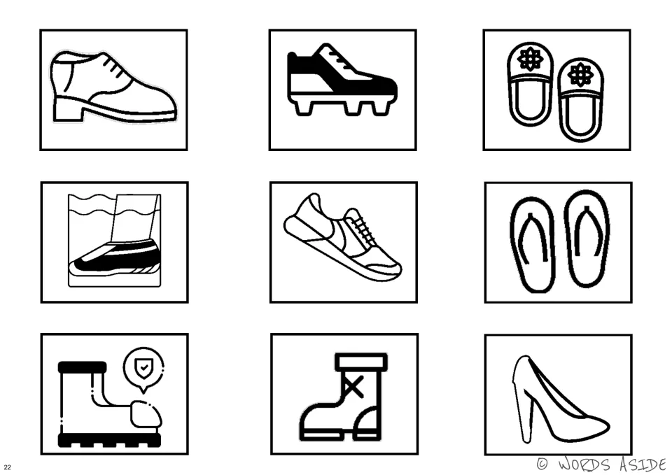 Nine black-and-white footwear cards matching the cognition board, including sneakers and two boot types