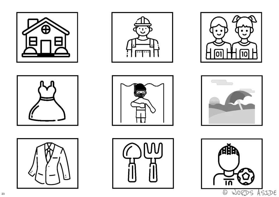 Nine related picture cards for footwear cognition activities, including a house, worker, dress, and beach