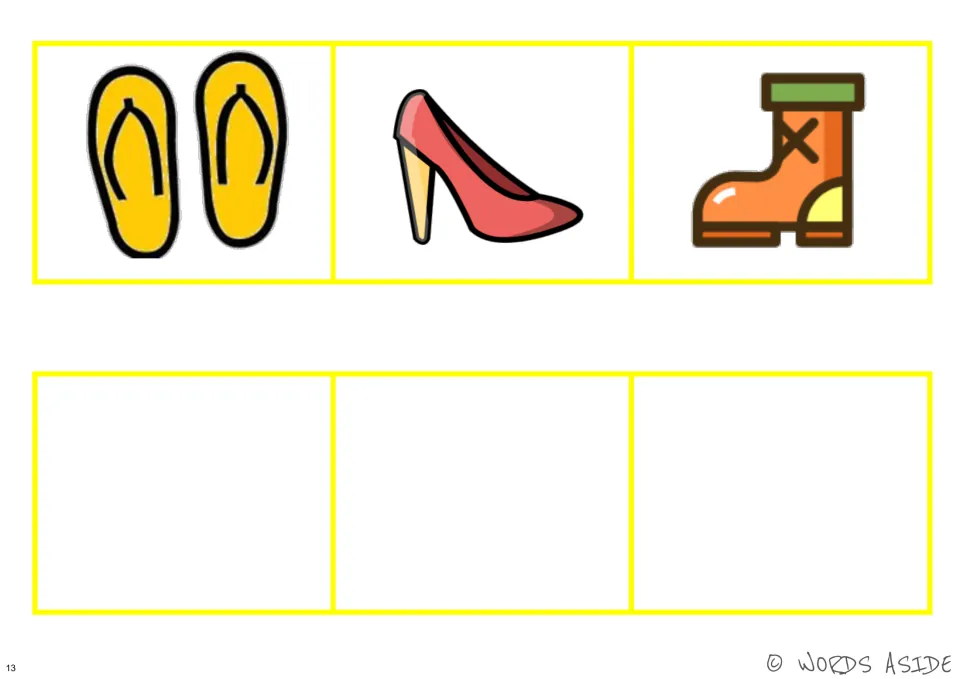 Color footwear perceptual board featuring three shoe types: flip-flops, a high heel, and a lace-up boot.
