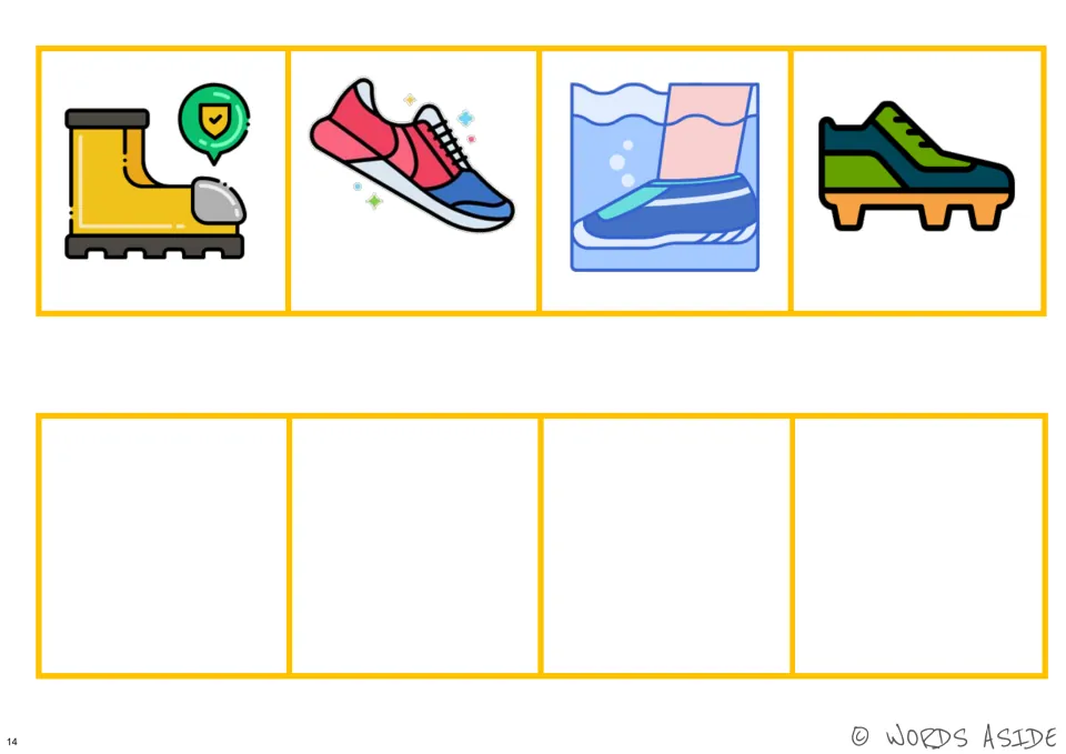 Color footwear perceptual board featuring a safety boot, a sneaker, a water shoe, and a cleated shoe.