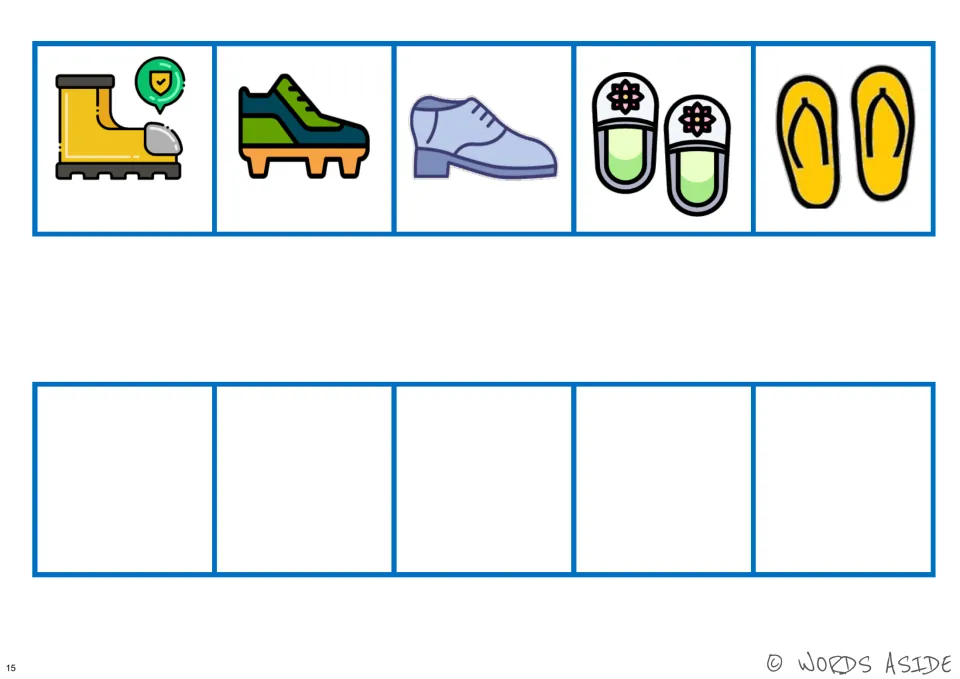 Color footwear perceptual board featuring a safety boot, a cleated shoe, a dress shoe, slippers, and flip-flops.