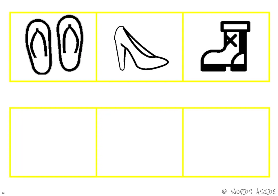 Black-and-white footwear perceptual board featuring flip-flops, a high heel, and a lace-up boot.