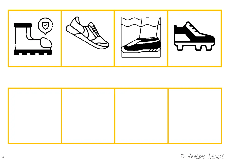 Black-and-white footwear perceptual board featuring a safety boot, sneaker, water shoe, and cleated shoe.
