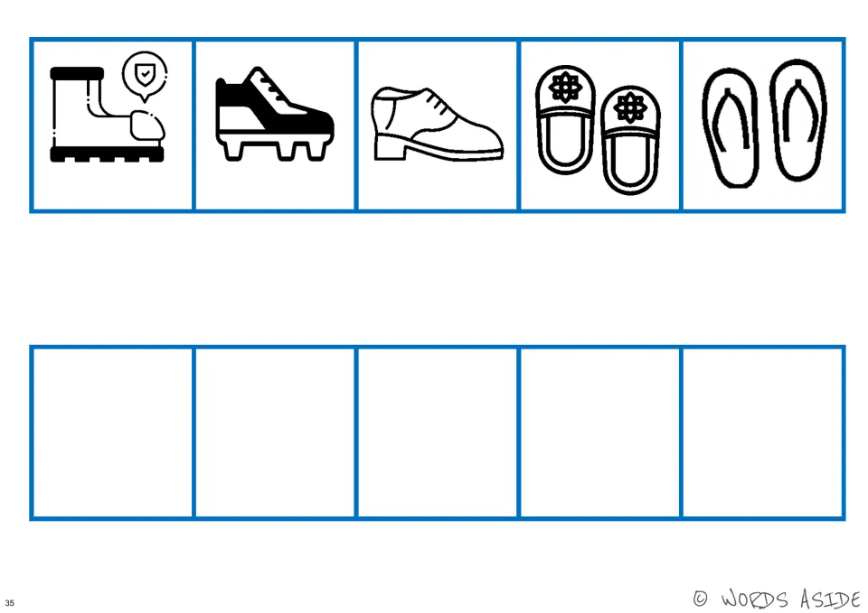 Black-and-white footwear perceptual board showing a safety boot, cleated shoe, dress shoe, slippers, and flip-flops.