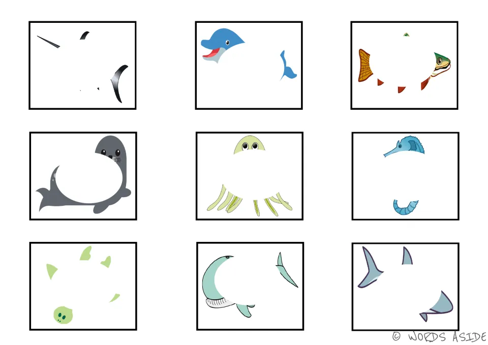 Color sea animal visual cards with centers hidden: swordfish, dolphin, fish, seal, octopus and four more