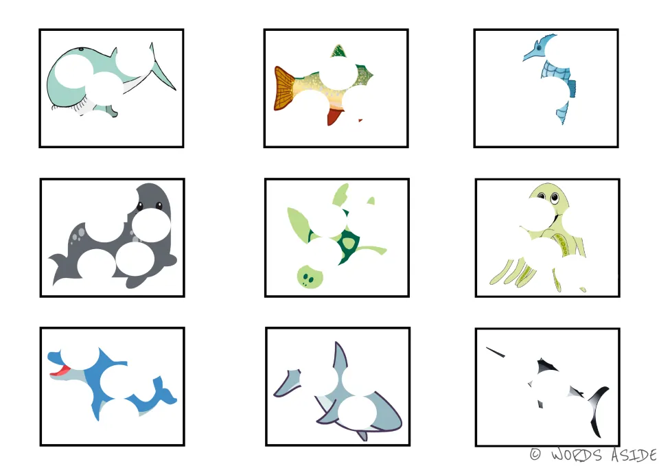 Color sea animal visual cards with circular gaps: whale, fish, seahorse, seal, turtle, octopus and three more