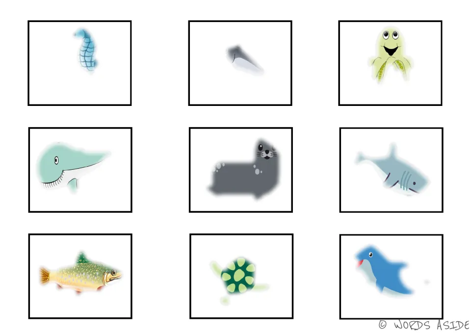 Faded color sea animal visual cards: seahorse, swordfish, octopus, whale, seal, shark, fish, turtle and dolphin