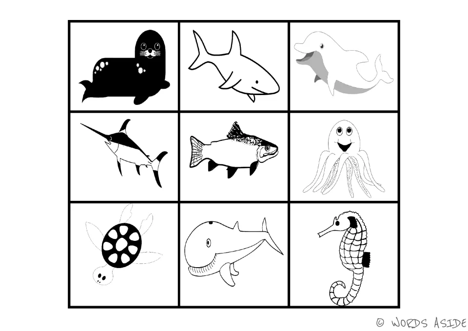 Complete black-and-white sea animal reference board: seal, shark, dolphin, swordfish, fish and four more