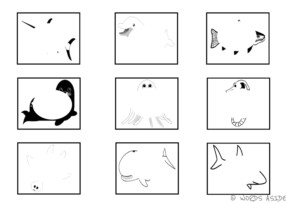 Black-and-white sea animal visual cards with centers hidden: swordfish, dolphin, fish, seal and five more