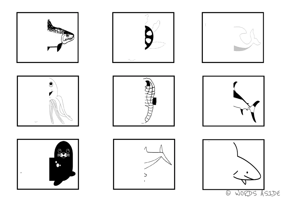 Black-and-white sea animal visual cards with left portions hidden: fish, turtle, dolphin and six more