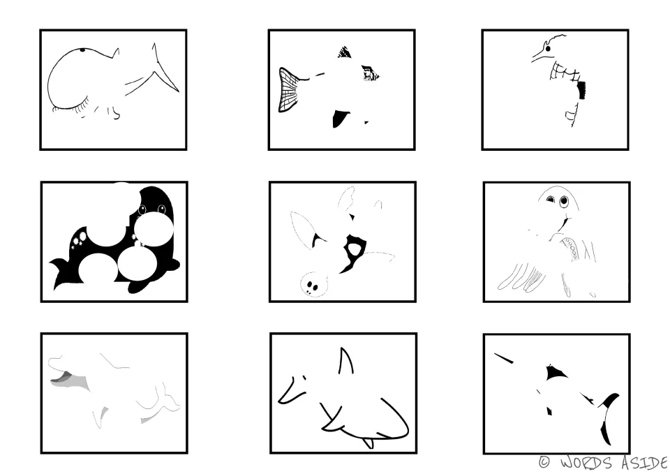 Black-and-white sea animal visual cards with circular gaps: whale, fish, seahorse, seal and five more